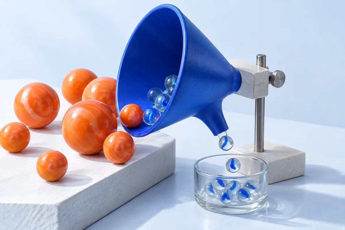 A funnel admitting small marbles while larger ones remain outside. AI-created editorial illustration.