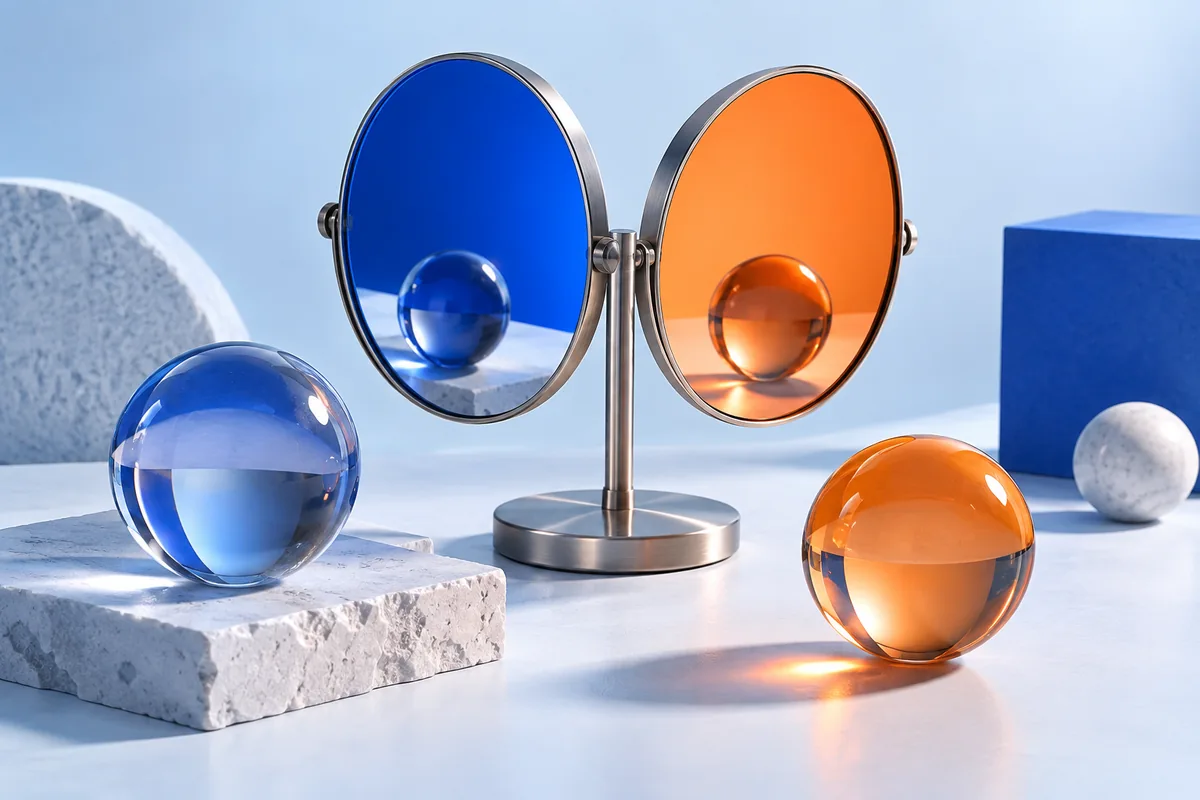 Matching spheres reflected in different mirrors. AI-created editorial illustration.