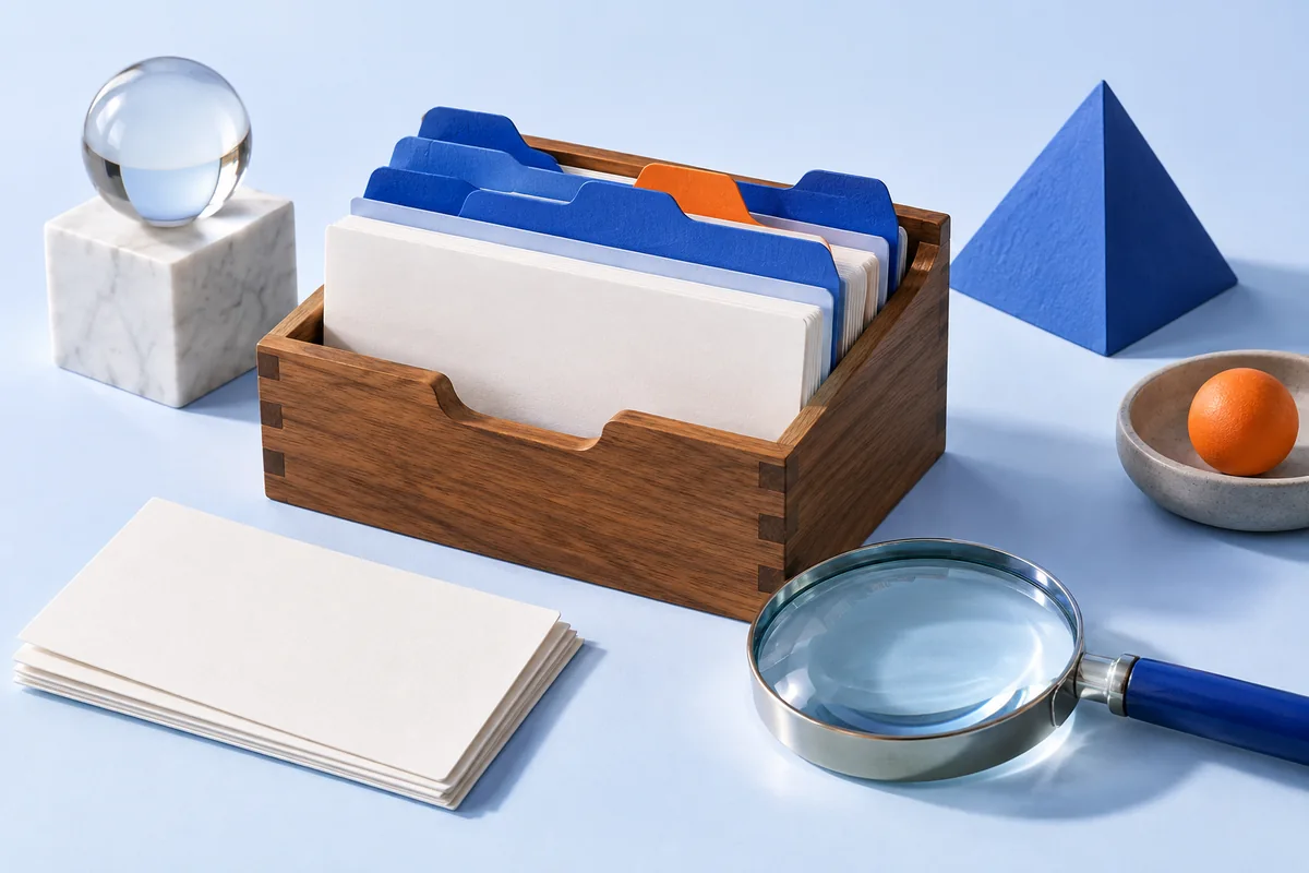 Blank index cards and coloured dividers beside a magnifier. AI-created editorial illustration.