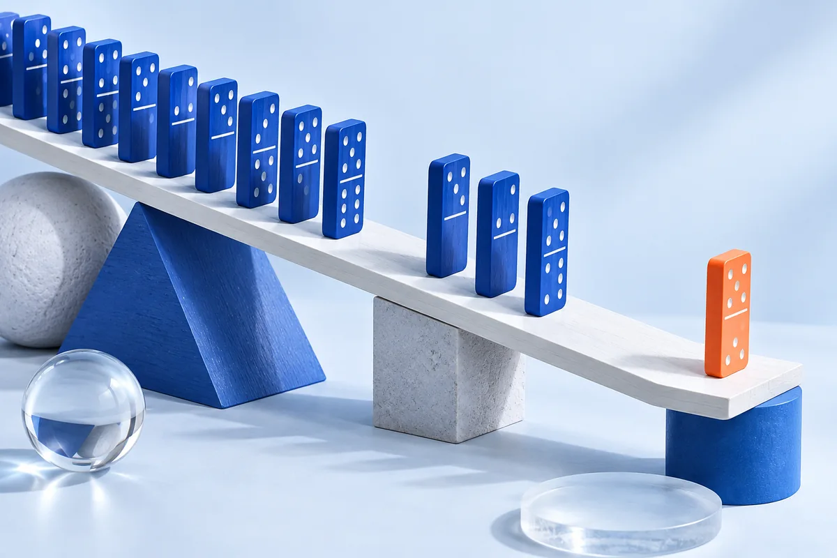 Domino tiles on a ramp with gaps between them. AI-created editorial illustration.