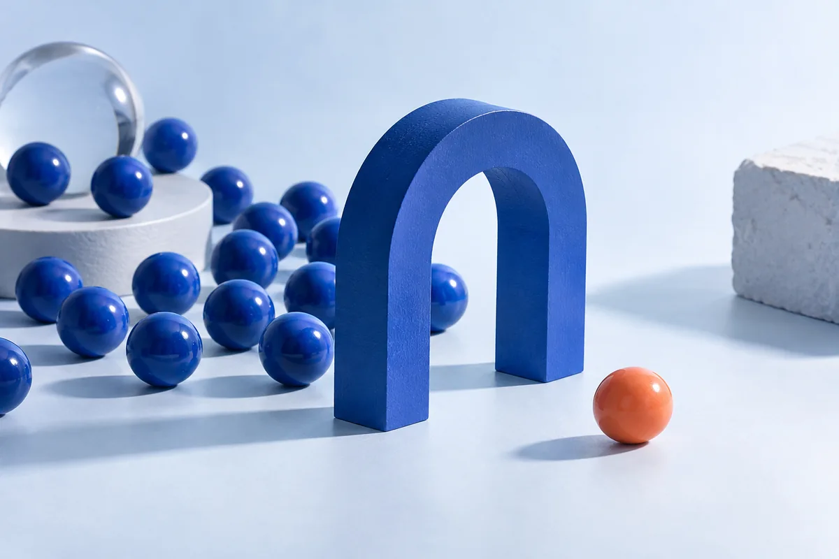 A bead beyond a threshold with other beads behind it. AI-created editorial illustration.
