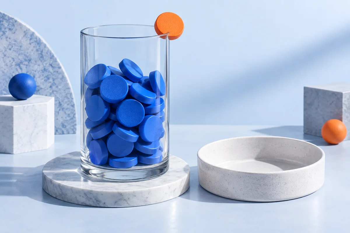 Tokens in a glass cylinder beside an empty dish. AI-created editorial illustration.