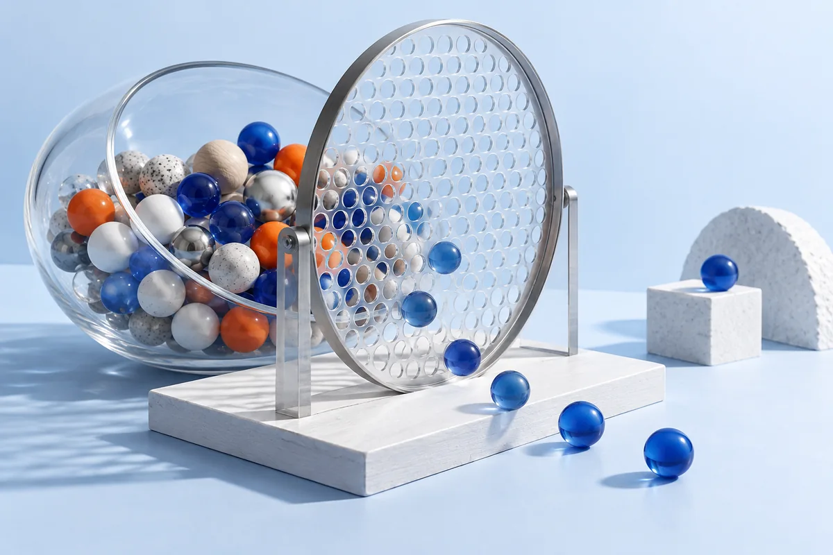 Beads that passed through a sorting screen beside those left behind. AI-created editorial illustration.