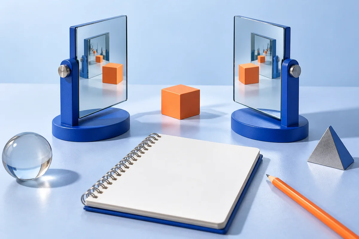 Opposing mirrors reflecting an orange block. AI-created editorial illustration.