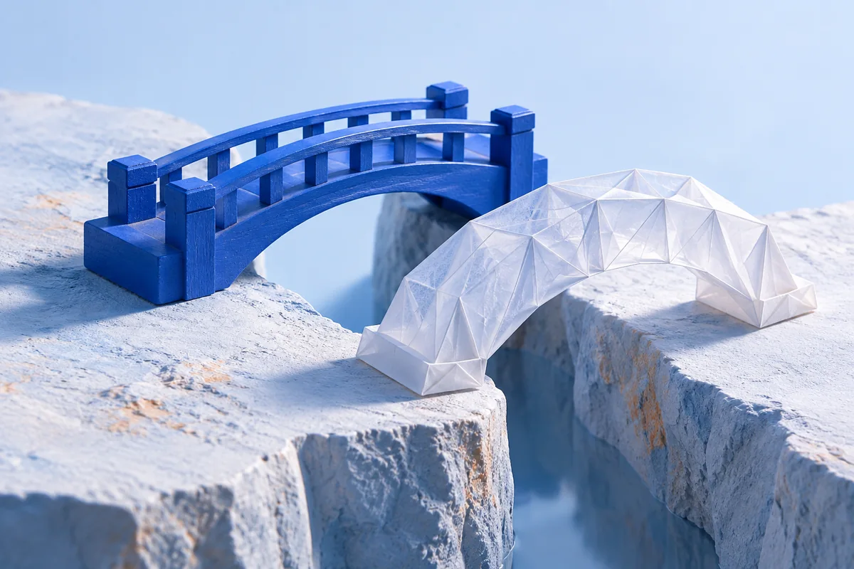 Two similarly shaped bridges built from different materials. AI-created editorial illustration.